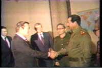 Iraqi President Saddam Hussein greets Donald Rumsfeld, then special envoy of President Ronald Reagan, in Baghdad on December 20, 1983